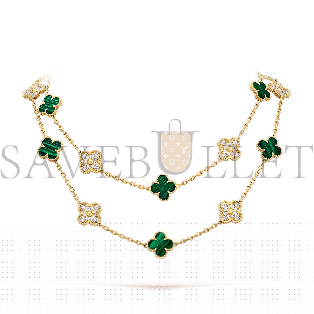 V*N CL*F arpels vintage alhambra long necklace, 20 motifs - yellow gold, diamond, malachite  vcaro7gp00